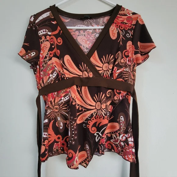 A. Byer Y2K Faux Wrap Babydoll Floral Chocolate Brown Women's Top Size M 90's - Picture 1 of 9
